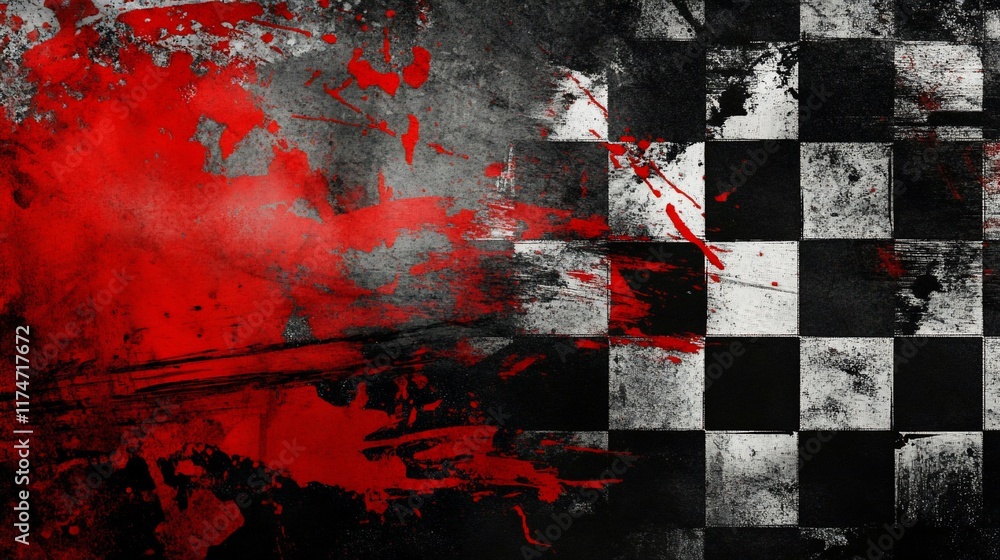 Poster grunge checkered flag with red stains.