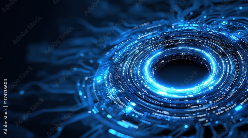 Poster intricate blue vortex radiates light and energy, surrounded by a complex network of circuitry and gl