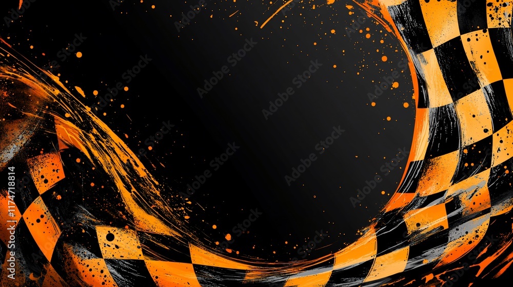 Poster Abstract checkered flag design with dynamic motion and paint splatters on dark background.