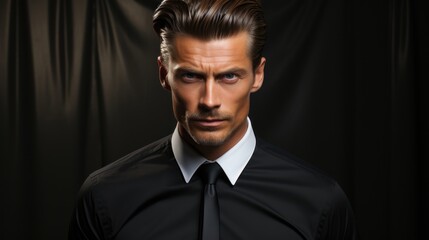 Fototapeta premium Intense Gaze: A Striking Portrait of a Man in Black