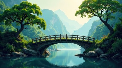 Serene stone arch bridge spanning a tranquil lake nestled within a breathtaking valley, surrounded by lush greenery and majestic mountains under a soft morning light.