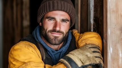 construction worker stands inside a building site, wearing a warm hat and protective gloves. He leans against a wooden frame, showcasing a focused expression amidst the construction atmosphere