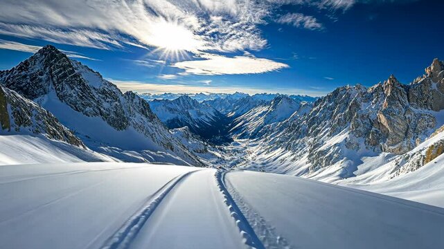 Stunning Alpine Panorama Sunlit Snow Covered Mountains and Pristine Ski Tracks