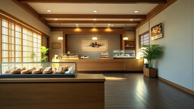Serene Japanese Bakery Shop Interior Wooden Design Pastry Display and Tranquil Ambiance