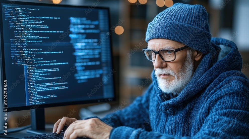 Poster elderly man with a gray beard and glasses sits focused at his computer, coding in a dimly lit office