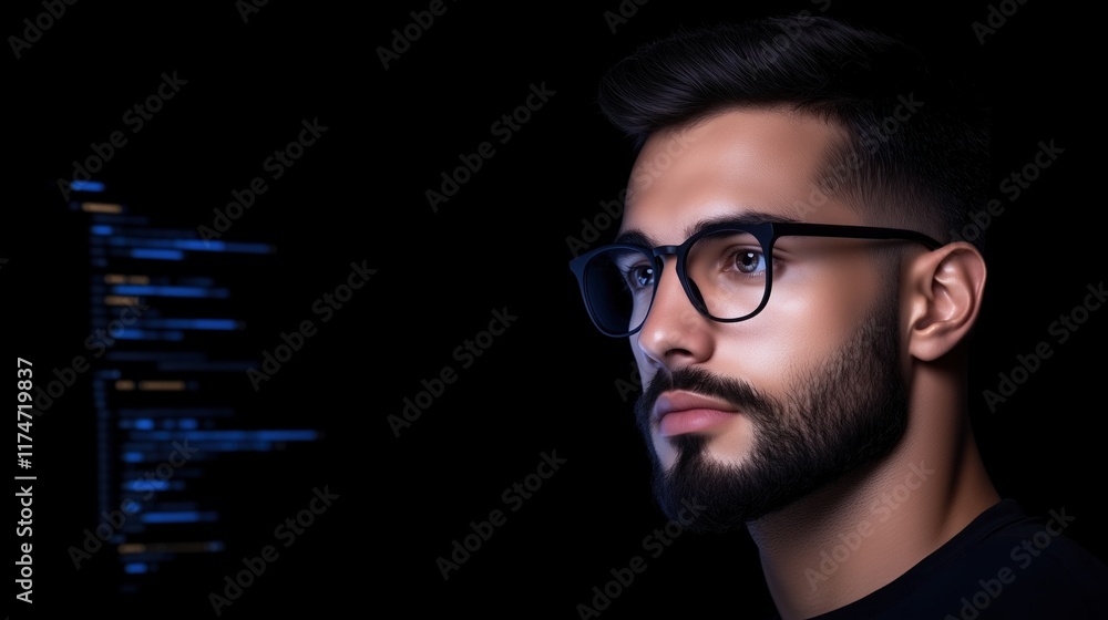 Poster young man wearing glasses concentrates intently on coding in a dark setting, illuminated by the glow