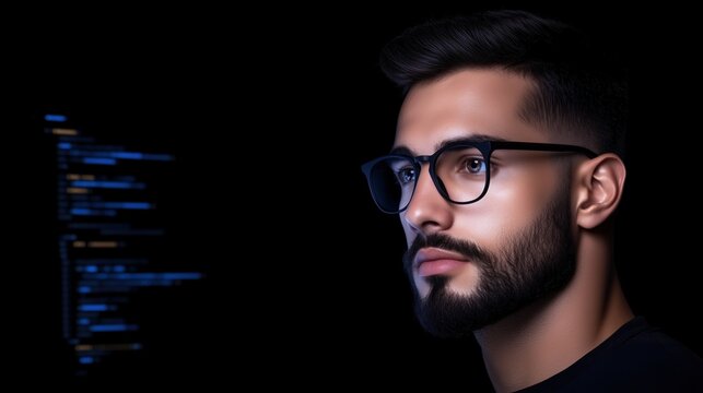 young man wearing glasses concentrates intently on coding in a dark setting, illuminated by the glow of computer screens displaying programming languages