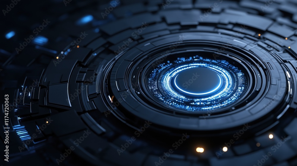 Aufkleber detailed composition featuring circular patterns and illuminated blue accents set against a dark bac