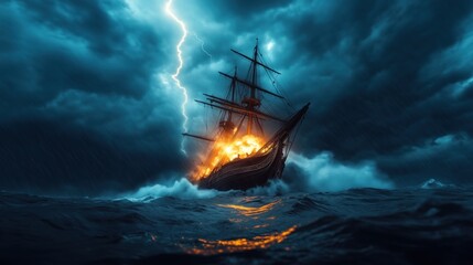 Obraz premium ship is engulfed in flames while battling fierce waves during a storm. Dark clouds loom above, illuminated by bright lightning, creating a scene of chaos on a turbulent sea