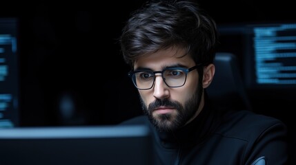 young man with short, dark hair and glasses concentrates on his work at a computer desk in a dimly lit office. Various digital screens display complex data