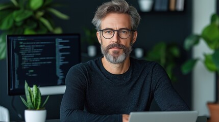 focused businessman sits at his desk in a contemporary office filled with plants and screens displaying code. His thoughtful expression suggests he is tackling important tasks
