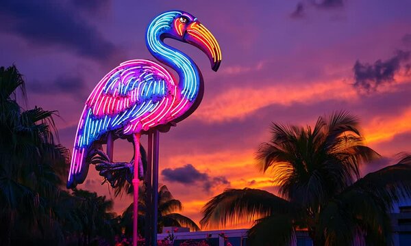 Vibrant Neon Flamingo Sign at Sunset in Tropical Paradise: A captivating image of a brightly lit neon flamingo sign silhouetted against a stunning sunset, framed by lush palm trees