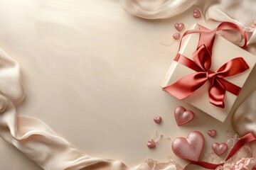 Elegant cream gift box with red ribbon & hearts on silk.