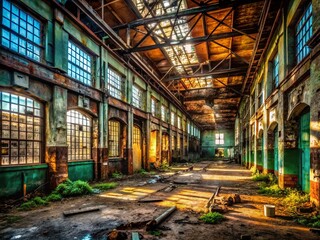 Fototapeta premium Abandoned Urban Building Interior, Decaying Structure, Grungy Walls, Industrial Ruins, Exploration Photography