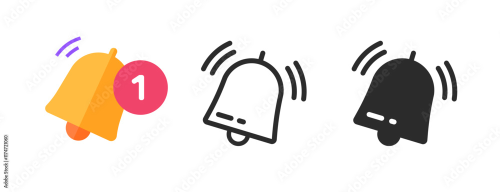 Poster bell ringing new message alert icon vector graphic illustration set, line stroke ui ux interface not