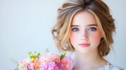Fototapeta premium young woman with light brown hair and bright blue eyes gently holds a lush bouquet of pink and cream flowers. background is softly blurred, creating a calm atmosphere