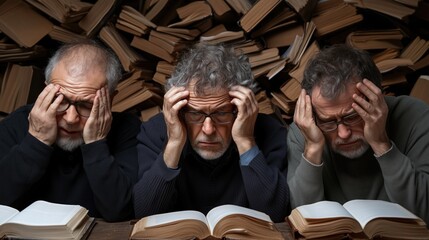 Three men are seated at a table, visibly stressed while holding their heads in their hands. They are surrounded by a large collection of books in a warm, inviting atmosphere