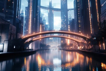Fototapeta premium A modern downtown with a futuristic bridge connecting glowing skyscrapers above a peaceful canal