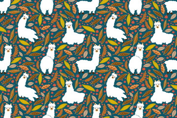 Alpaca with leaves Autumn seamless pattern