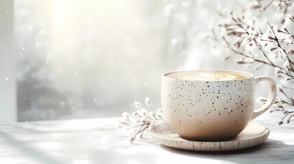 Fototapeta premium Winter background with a steaming coffee mug on snow-covered ground, evoking warmth and comfort, perfect for seasonal designs, book illustration style