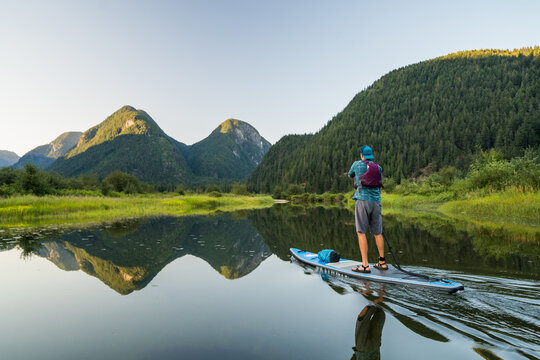 Rear view of man standing on paddle board in scenic nature reserve