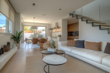 Fototapeta premium A modern duplex with clean lines, neutral tones, and shared outdoor space