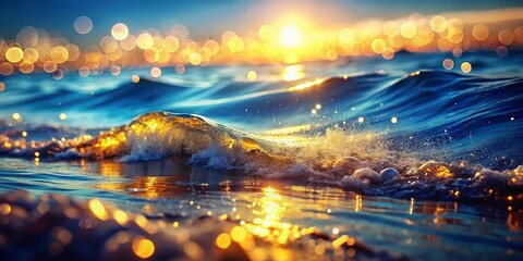 Fototapeta premium Abstract Blue Wavy Golden Sparkle Background - Double Exposure Stock Photo