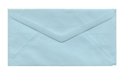 front view of old closed aged light blue paper DL envelope isolated on white