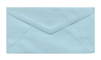 front view of old closed aged light blue paper DL envelope isolated on white
