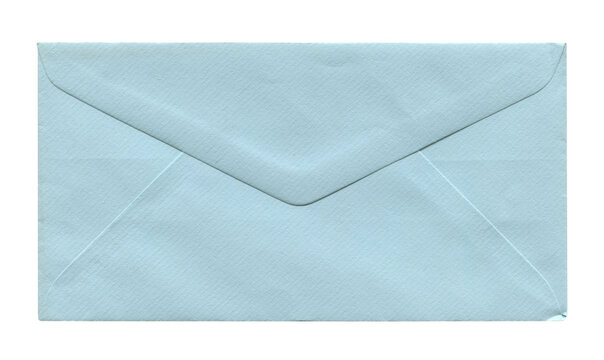 front view of old closed aged light blue paper DL envelope isolated on white