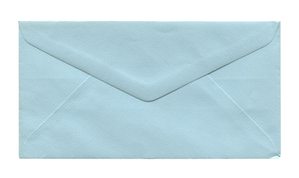 front view of old closed aged light blue paper DL envelope isolated on white