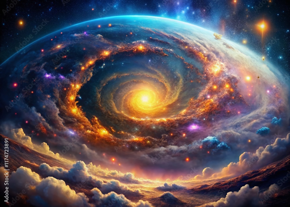 Poster abstract cosmic nebula background with bokeh lights - aerial view
