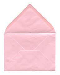 front view of old open aged pink paper envelope isolated on white