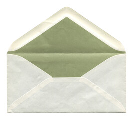 front view of old open aged DL paper envelope isolated on white