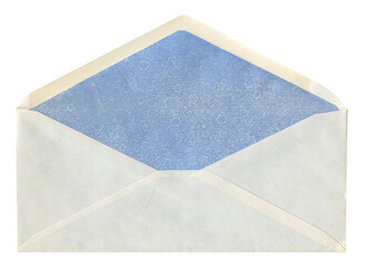 front view of old open aged DL paper envelope isolated on white