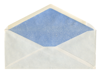 front view of old open aged DL paper envelope isolated on white