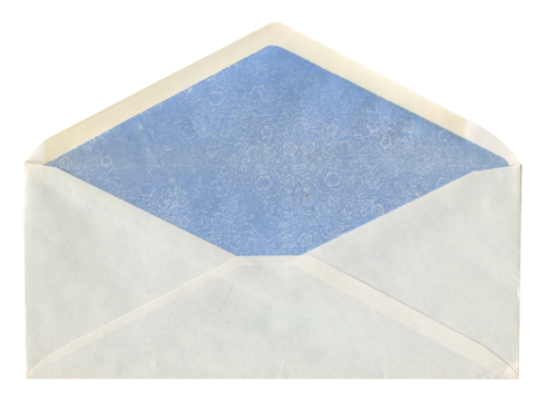 front view of old open aged DL paper envelope isolated on white