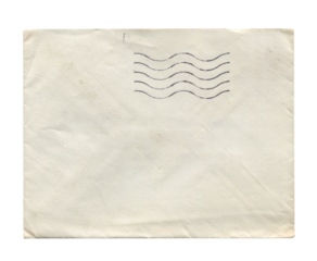 back view of old closed aged paper envelope with faded stamp print and brown stains isolated