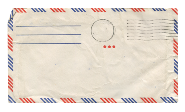 back view of old closed aged airmail DL envelope with faded stamp isolated on white
