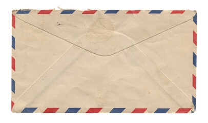 front view of old open aged paper airmail envelope isolated on white