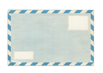 back view of old open aged blue paper airmail envelope with faded stamp print isolated on white