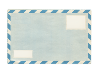 back view of old open aged blue paper airmail envelope with faded stamp print isolated on white