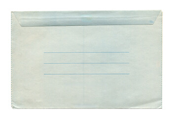 back view of old closed aged blue paper long envelope isolated on white