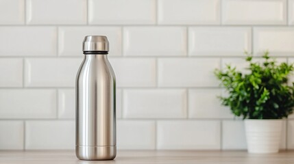 Eco-Friendly Low-Waste Stainless Steel Bottle Closeup Indoor Kitchen Environment