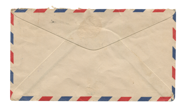 front view of old open aged paper airmail envelope isolated on white