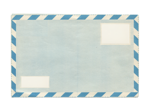 back view of old open aged blue paper airmail envelope with faded stamp print isolated on white