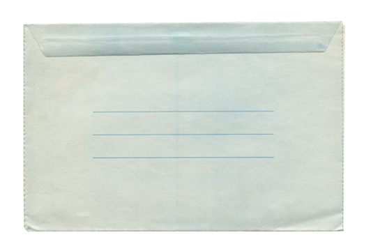 back view of old closed aged blue paper long envelope isolated on white