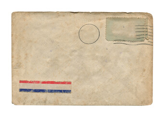 back view of old open aged brown paper airmail envelope with faded stamp print isolated on white