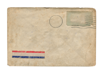 back view of old open aged brown paper airmail envelope with faded stamp print isolated on white