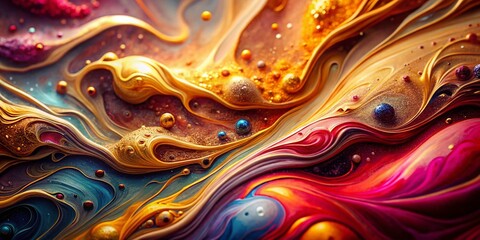Fototapeta premium Abstract Fluid Art Texture: Iridescent Gold, Red & Pink Acrylic Paint Flow